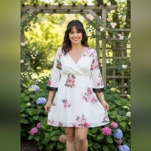 Candie's Cream With Pink And Green Flowers Mini Dress With Pockets Size XL